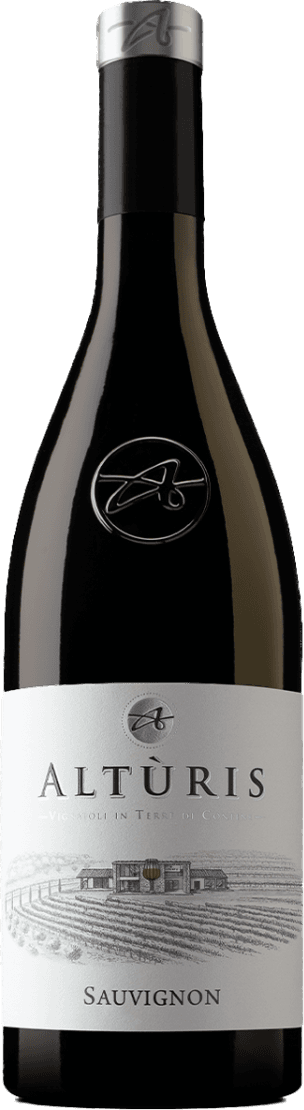 Het label toont een tekening van een wijnhuis en wijngaard. Bovenaan staat de naam 'Altùris' met daarboven een logo in een cirkel. Het ontwerp is minimaal en elegant.