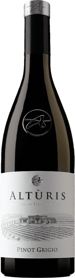 Het label toont een minimalistisch ontwerp met een afbeelding van een wijnhuis of kasteel en wijngaarden. Bovenaan staat de naam 'ALTÙRIS' in grote letters, met daaronder kleinere tekst. Er is een rond logo met een gestileerde letter 'A'.