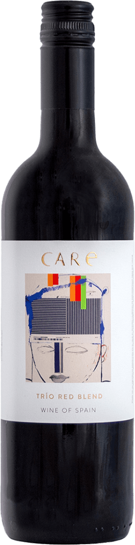 Het label toont een abstracte tekening van een gezicht, met grafische lijnen en opvallende kleurvlakken (rood, oranje, groen, blauw) boven het hoofd. Het design is modern en artistiek, met strakke lijnen en een minimalistische uitstraling. De naam 'CARE' staat groot en goudkleurig bovenaan. Onderaan het label staat in goudkleurige letters 'TRIO RED BLEND' en daaronder 'WINE OF SPAIN'. Het geheel oogt als een kunstwerk.