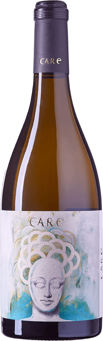 Het label toont een kunstzinnige, abstracte afbeelding van een gezicht met gesloten ogen, uitgevoerd in een licht reliëf. Boven het gezicht zijn patronen getekend die doen denken aan een kroon of haar van cirkelvormige lijnen in verschillende pastelkleuren. De achtergrond is een mix van lichtblauw, groen en zachte geel/goudtinten, met een aquarel-achtige uitstraling. Bovenaan staat het woord 'CARE' in grote, duidelijke letters.