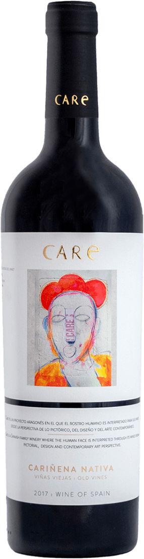Het label toont een abstracte tekening van een gezicht in verschillende kleuren, waaronder rood, blauw en oranje. Boven het gezicht staat de naam 'CARE' in grote gouden letters.