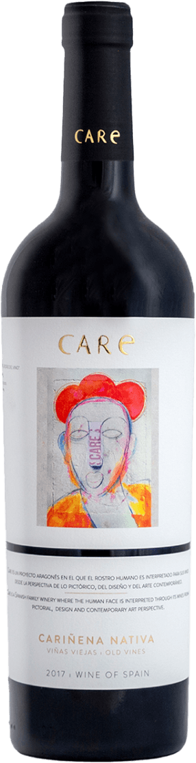 Het label toont een kunstzinnige tekening van een menselijk gezicht in abstracte stijl. De afbeelding is kleurrijk met vooral rood, oranje, blauw en geel. Boven het gezicht staat de merknaam 'CARE' in goudkleurige letters. Het geheel heeft een moderne, kunstzinnige uitstraling en het label bevat verder wat tekst onder de afbeelding en onderaan het label.