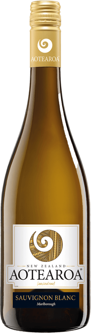 Het label van de wijnfles toont een gestileerd, cirkelvormig symbool met een spiraalpatroon in het midden. Bovenaan staat de naam 'Aotearoa' in grote letters, en daaronder is 'New Zealand' vermeld. De achtergrond is voornamelijk wit met zwarte en gouden accenten.