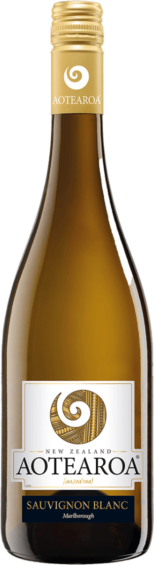 Het label toont de naam 'Aotearoa' met een ronde, abstracte afbeelding erboven. De achtergrond is wit met zwarte en gouden accenten. Onder de naam staat 'Sauvignon Blanc' vermeld.