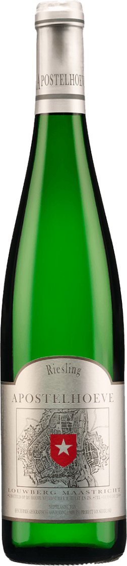 Het label toont een gedetailleerde tekening van een kaart met in het midden een rood schild met een witte ster. De naam 'Apostelhoeve' staat prominent bovenaan, en daaronder is de term 'Riesling' te zien. Onderaan het label zijn kleinere teksten zichtbaar die verwijzen naar de locatie en productie.