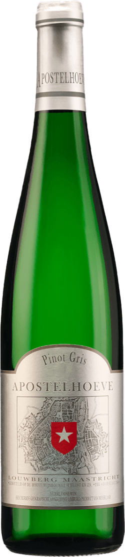 Het label toont een gedetailleerde tekening van een landschap of plattegrond met in het midden een rood schild met een witte ster. De naam 'Apostelhoeve' staat prominent bovenaan, en daaronder de soort 'Pinot Gris'. Onder de afbeelding staat 'Louwberg Maastricht'.