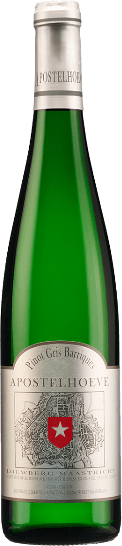 Het label toont een gedetailleerde afbeelding van een kaart of plattegrond met in het midden een rood schild met een witte ster. Bovenaan staat de naam 'Apostelhoeve' en daarboven 'Pinot Gris Barriques'. Onderaan is de locatie vermeld: 'Louwberg Maastricht'.