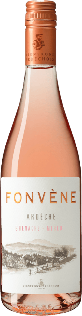 Het label toont de naam 'Fonvène' in grote letters, met daaronder 'Ardèche' en de druivensoorten 'Grenache - Merlot'. Onderaan is een tekening van een landschap met bomen en een hek.