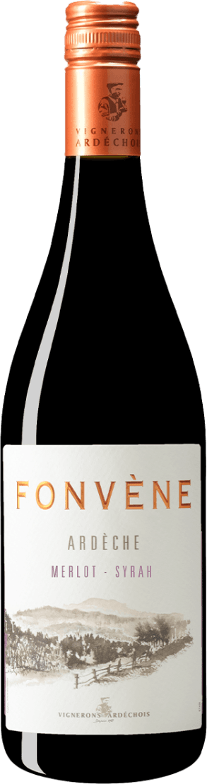 Het label toont de naam 'Fonvène' in grote, oranje letters. Daaronder staan de woorden 'Ardèche' en 'Merlot - Syrah'. Onderaan is een illustratie van een landschap met bomen en heuvels te zien.