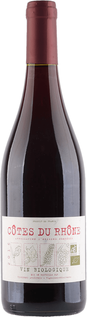 Het label van de wijnfles toont de tekst 'CÔTES DU RHÔNE' in grote rode letters, met daaronder kleinere teksten die wijzen op de biologische aard van de wijn. Op het label zijn vier eenvoudige lijntekeningen te zien: een blad, een kruidenplant, druiven en een biologisch keurmerk. Het design is minimalistisch en traditioneel.