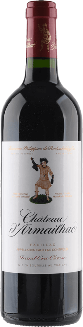 Het label toont een figuur in een klassieke outfit met een druiventros in de hand. De naam van het wijnhuis staat prominent in sierlijke letters. Er zijn ook enkele kleinere teksten en aanduidingen van de herkomst en classificatie van de wijn.