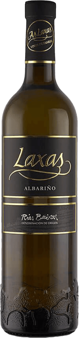 Het label is zwart met gouden accenten en bevat de naam 'Laxas' in grote, sierlijke letters. Onderaan staat 'Rías Baixas' in een handgeschreven stijl.