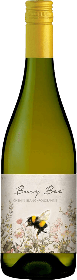 Het label toont een gedetailleerde illustratie van een bij boven bloemen. De tekst 'Busy Bee' staat prominent in sierlijke letters bovenaan, met daaronder de vermelding van de druivensoorten Chenin Blanc en Roussanne. Het ontwerp heeft een natuurlijke uitstraling met bloemen en planten rondom de bij.