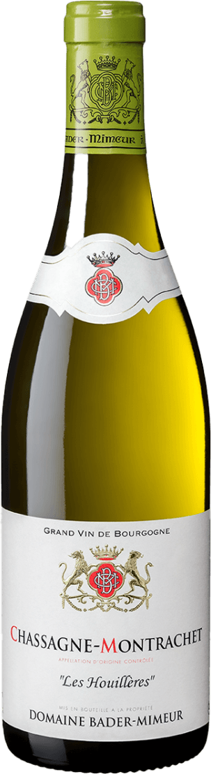 Het label toont een traditioneel ontwerp met een familiewapen bovenaan, omringd door twee leeuwen. De tekst 'Chassagne-Montrachet' is prominent aanwezig, met daaronder 'Les Houillères'. Het is een klassiek en elegant ontwerp dat de herkomst en kwaliteit van de wijn benadrukt.