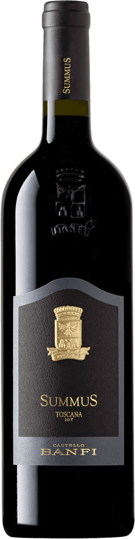 Het label van de wijnfles heeft een traditioneel ontwerp met een centraal geplaatst familiewapen in goudkleur. De achtergrond is donker en het wapen is gedetailleerd weergegeven, wat een klassieke uitstraling geeft.