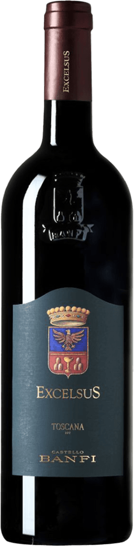 The label features a family shield with an eagle and crown. The text includes 'Excelsus' and 'Toscana'.