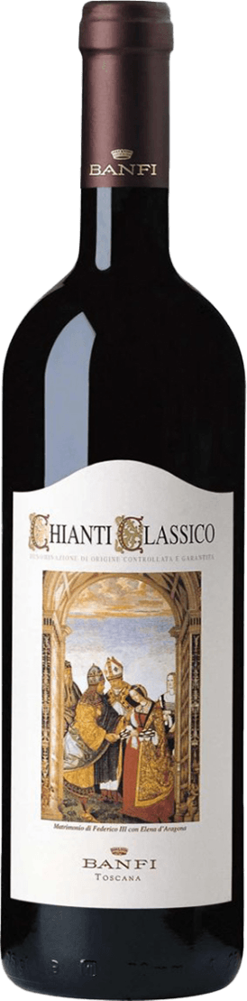 Het label toont een klassieke kunstafbeelding met historische figuren in traditionele kleding, geplaatst binnen een architecturale boog. De naam 'Chianti Classico' is prominent aanwezig boven de afbeelding.