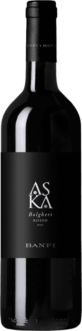 Het label van de wijnfles is minimalistisch en elegant. Het heeft een zwarte achtergrond met de merknaam 'ASKA' prominent in grote, witte letters. Onder de merknaam staat 'Bolgheri Rosso DOC' in kleinere witte letters, gevolgd door 'BANFI' onderaan het label. Er zijn geen afbeeldingen of decoratieve elementen aanwezig.