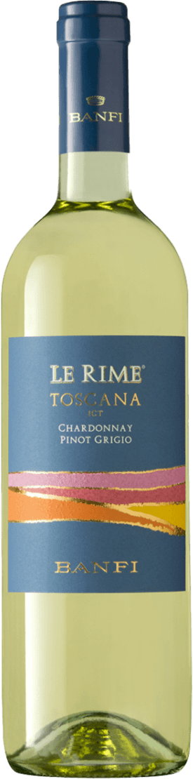 Het label heeft een blauwe achtergrond met daarop de naam 'Le Rime' in goudkleurige letters. Onder de naam staan de woorden 'Toscana IGT' en 'Chardonnay Pinot Grigio'. Er zijn abstracte golvende lijnen in roze, oranje en geel op het label.