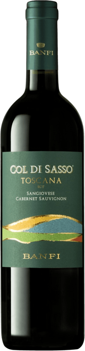 Het label toont een abstract landschap met golvende lijnen in goud, blauw, groen en rood. De naam 'Col di Sasso' en andere teksten zijn prominent aanwezig in goudkleurige letters.