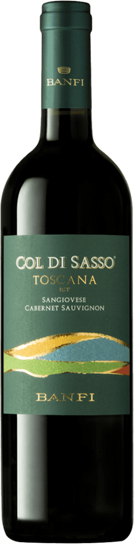 Het label toont een gestileerd landschap met golvende lijnen in verschillende kleuren. Bovenaan staat de naam 'Col di Sasso' en daaronder 'Toscana IGT'. Onderaan is de naam 'Banfi' te zien.