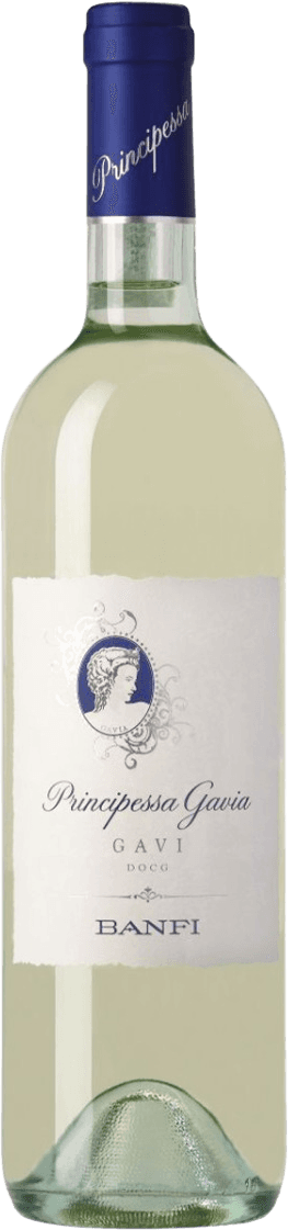 Het label toont een klassiek ontwerp met een medaillon in het midden waarin een profiel van een vrouwelijk gezicht is afgebeeld. Rondom het medaillon zijn sierlijke decoratieve patronen te zien. De naam van de wijn, 'Principessa Gavia', staat prominent onder het medaillon geschreven, gevolgd door 'GAVI DOCG' en de producent 'BANFI'.