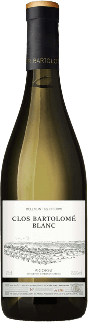 Het label toont een gedetailleerde zwart-wit tekening van een landschap met wijngaarden en heuvels. Bovenaan staat de tekst 'CLOS BARTOLOMÉ BLANC' in grote, duidelijke letters, met daarboven kleinere tekst 'BELLUMNT DEL PRIORAT'. Onderaan is er ook tekst die de herkomst en andere details beschrijft.