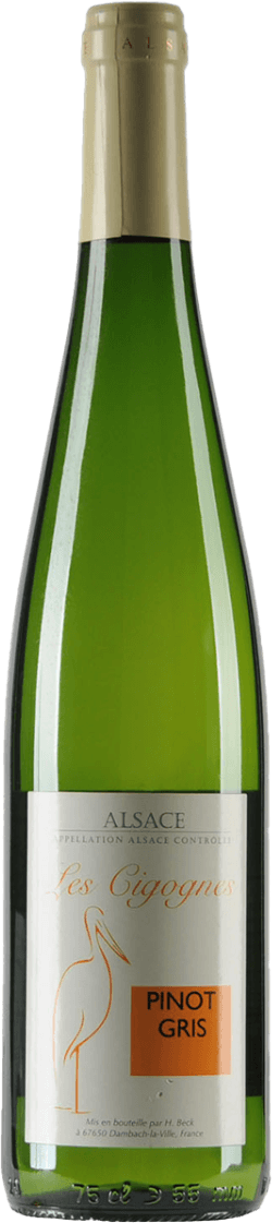 Het label toont een minimalistische tekening van een ooievaar in oranje lijnen. Rechts van de ooievaar staat in een oranje vierkant het woord 'PINOT GRIS'. Bovenaan is er tekst met de naam van de wijn en producent.