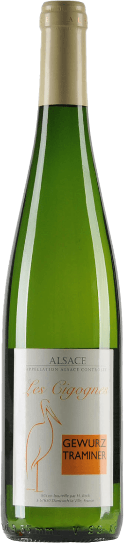 Het label toont een gestileerde afbeelding van een ooievaar in oranje lijnen. De naam 'Les Cigognes' staat in sierlijke letters boven de afbeelding, en er is een oranje vlak met de tekst 'Gewurztraminer'. Het geheel heeft een minimalistische uitstraling.