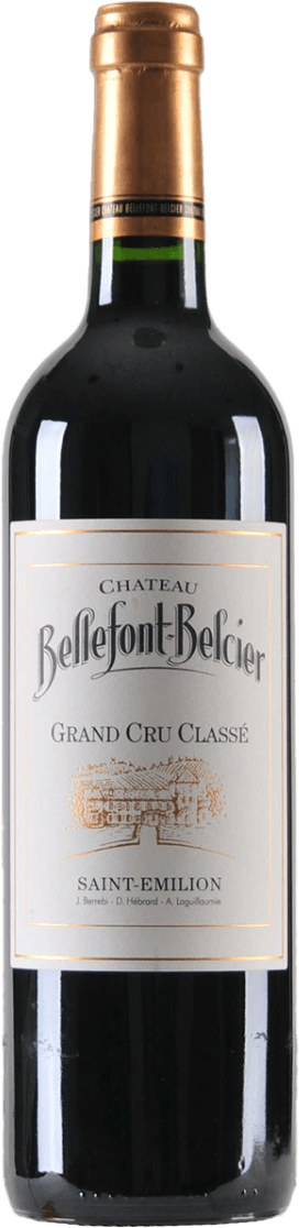 Het label toont de naam 'Château Bellefont-Belcier' in een elegante en traditionele typografie. Er is een illustratie van een kasteel of wijnhuis onder de tekst 'Grand Cru Classé'. Onderaan staat 'Saint-Emilion'. Het ontwerp is klassiek met een focus op tekst en een subtiele tekening.