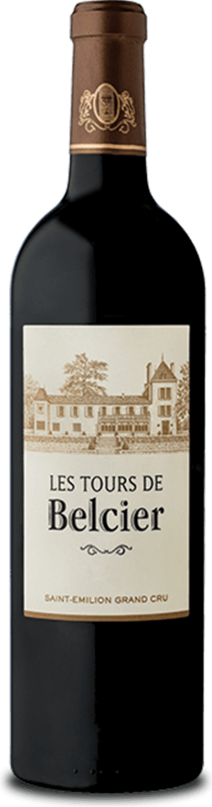 Het label toont een tekening van een kasteel of landhuis. Daaronder staat de naam 'LES TOURS DE BELCIER' in grote letters, met daaronder 'SAINT-EMILION GRAND CRU'. Het ontwerp is klassiek en elegant, zonder veel extra versieringen.