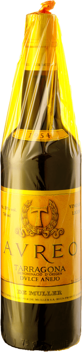 Het label heeft een gouden achtergrond met een groot centraal embleem dat lijkt op een gestileerde letter 'T' omringd door laurierbladeren. Onder het embleem staan grote letters met de tekst 'AVREO'. Hieronder staat in kleinere letters 'TARRAGONA' en andere details over de wijn.