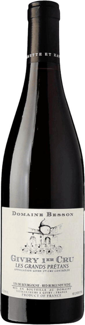 Het label toont een tekening van een traditioneel gebouw, mogelijk een wijnhuis of kasteel. Bovenaan staat de naam 'Domaine Besson' en daaronder de tekst 'Givry 1er Cru Les Grands Prétans'. De stijl is eenvoudig en klassiek.