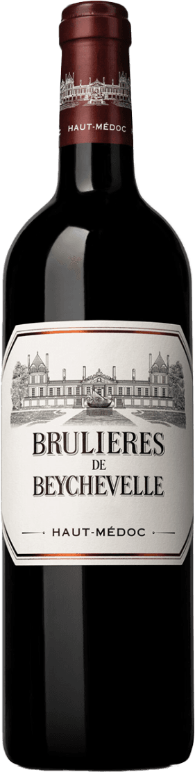 Het label toont een gedetailleerde zwart-wit tekening van een klassiek kasteel (château) met bomen aan weerszijden. De naam 'Brulières de Beychevelle' staat groot en centraal in hoofdletters. Onderaan het label staat 'Haut-Médoc' in een kleine, eenvoudige letter. Het geheel heeft een traditionele, elegante uitstraling met een dunne omlijsting om het label. Op de hals van de fles staat eveneens een afbeelding van het château in wit op een bordeauxrode achtergrond.