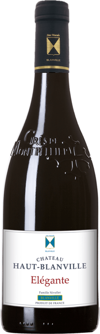 Het label toont de naam 'Chateau Haut-Blanville' in grote letters met daaronder 'Elégante'. Bovenaan is een grafisch embleem te zien, dat lijkt op een familiewapen of logo. Het label heeft een minimalistische en traditionele uitstraling.