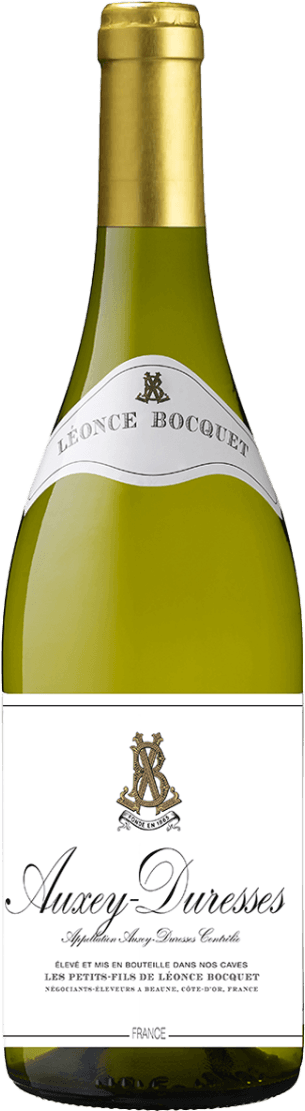 Het label heeft een klassieke uitstraling met de naam 'Léonce Bocquet' bovenaan en 'Auxey-Duresses' in sierlijke letters centraal. Er is een familiewapen of embleem zichtbaar, wat het geheel een traditionele uitstraling geeft.