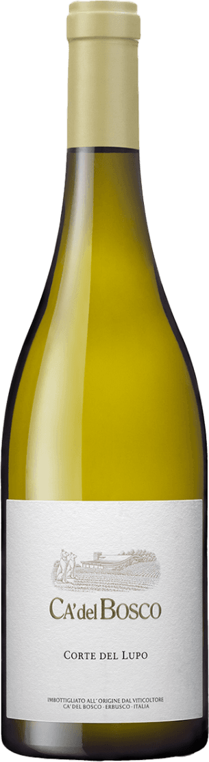 Het label is wit met een minimalistische opdruk. Bovenaan staat een afbeelding van wat lijkt op een wijnhuis of kasteel, in een subtiele grijze kleur. Onder deze afbeelding staat de tekst 'CA' del BOSCO' in grotere letters en daaronder 'CORTE DEL LUPO'.