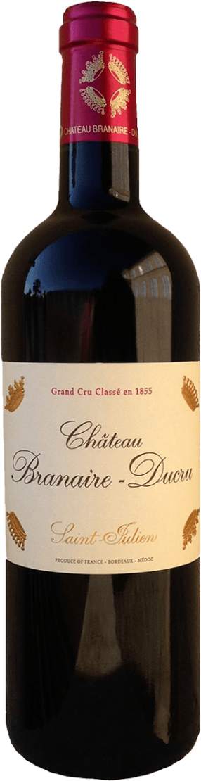 Het label toont de tekst 'Château Branaire-Ducru' in sierlijke letters, met daarboven 'Grand Cru Classé en 1855'. Er zijn decoratieve elementen zoals gouden bladeren aan de zijkanten. Het geheel heeft een klassieke en elegante uitstraling.