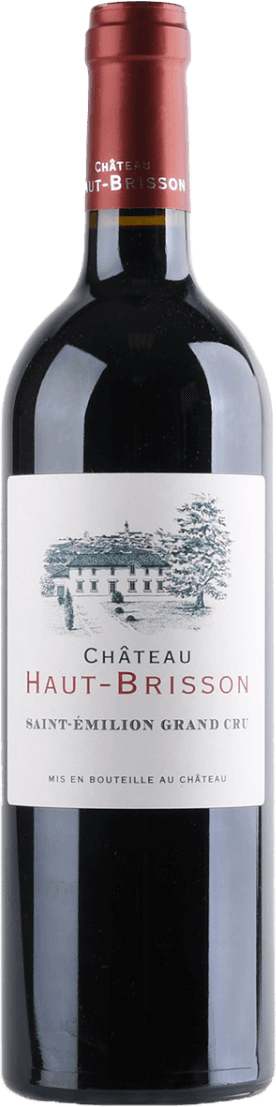 Het label toont een afbeelding van een kasteel of landhuis met bomen eromheen. De naam 'Château Haut-Brisson' staat centraal in grote letters, en daaronder 'Saint-Émilion Grand Cru'. Het ontwerp is klassiek en minimalistisch.