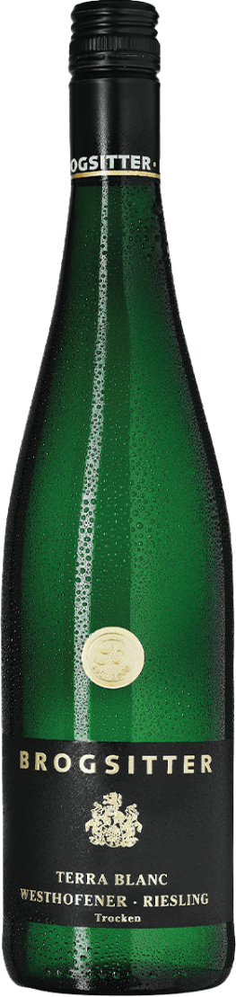Het label is zwart met gouden accenten. Bovenaan staat 'BROGSITTER' in grote, goudkleurige letters. In het midden van het label is een klassiek familiewapen of schild afgebeeld in goud. Daaronder staan de naam van de wijn en herkomst ('TERRA BLANC WESTHOFENER RIESLING Trocken') eveneens in goudkleurige letters. Er is ook een ronde gouden zegel op de fles aanwezig, wat een luxe uitstraling geeft.