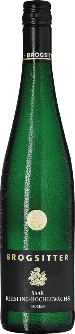 Het label is zwart met gouden letters en bevat een familiewapen in het midden. Er staat de tekst 'BROGSITTER' bovenaan en 'SAAR RIESLING-HOCHGEWÄCHS TROCKEN' onderaan.