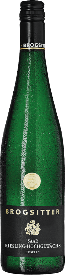 Het label is zwart met goudkleurige tekst. Bovenaan staat in grote letters 'BROGSITTER'. Onder deze tekst is een familiewapen of embleem afgebeeld, ook in goud.