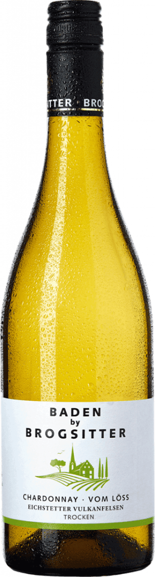 Het label toont een minimalistische afbeelding van een landschap met een huis, bomen en wijngaarden in groene lijnen. De naam 'Baden by Brogsitter' staat bovenaan in zwarte letters. Onderaan zijn de woorden 'Chardonnay - Vom Löss' te zien in kleinere zwarte letters.