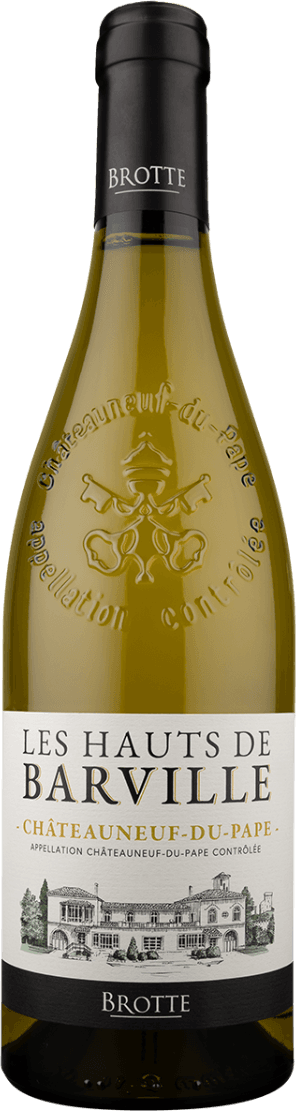 Het label toont de naam 'Les Hauts de Barville' met daaronder 'Châteauneuf-du-Pape'. Onderaan is een tekening van een kasteel of wijnhuis afgebeeld. Het label heeft een traditionele uitstraling met duidelijke typografie.