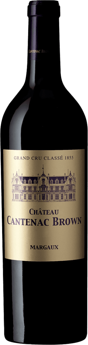 Het label toont een gedetailleerde tekening van een kasteel, met daarboven de tekst 'Grand Cru Classé 1855'. Onder de afbeelding staat in grote letters 'Château Cantenac Brown' en daaronder 'Margaux'. Het ontwerp heeft een klassieke en elegante uitstraling.