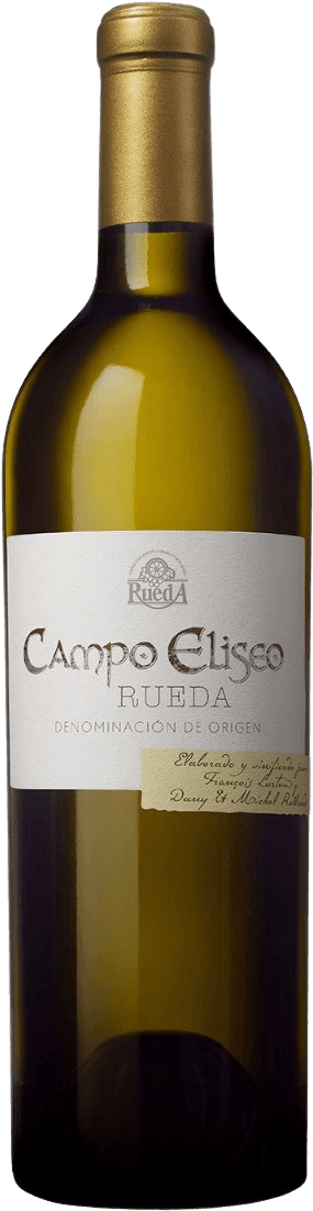 Het label heeft een minimalistische uitstraling met de naam 'Campo Eliseo' prominent in sierlijke letters. Bovenaan staat het Rueda-logo, en onder de naam zijn termen zoals 'DENOMINACION DE ORIGEN' te zien. Er is ook een klein handgeschreven element aan de rechteronderkant van het label.