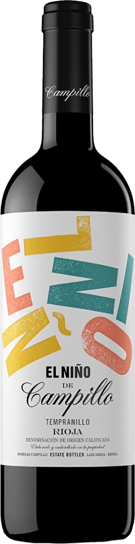 Het label toont de naam 'El Niño' in grote, kleurrijke letters diagonaal over het label. De achtergrond is wit en er is ook een elegante, kleinere tekst in zwart met de naam 'Campillo'. Het geheel heeft een moderne en speelse uitstraling.