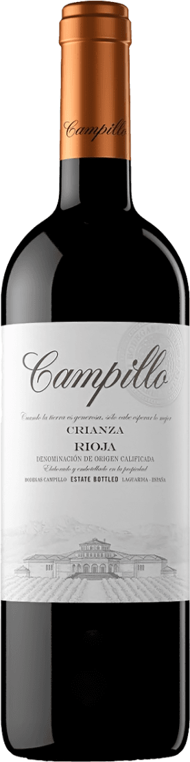 Het label toont de naam 'Campillo' in sierlijke letters bovenaan. Onder de naam staan de woorden 'Crianza' en 'Rioja'. Onderaan is een tekening van een wijnhuis of kasteel met daarachter wijngaarden zichtbaar. Er is een zegel in reliëf aan de rechterkant van het label.