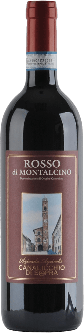 Het label toont een afbeelding van een toren en gebouwen, waarschijnlijk een historisch of architectonisch herkenningspunt. De naam 'Rosso di Montalcino' staat prominent bovenaan, met daaronder kleinere tekst die de herkomst aanduidt. Onderaan staat 'Canalicchio di Sopra'. Het geheel heeft een klassieke uitstraling.