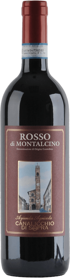 Het label toont een afbeelding van een toren of kasteelachtig gebouw, omringd door tekst in een traditionele stijl. Het heeft een donkerrode achtergrond met gouden accenten.